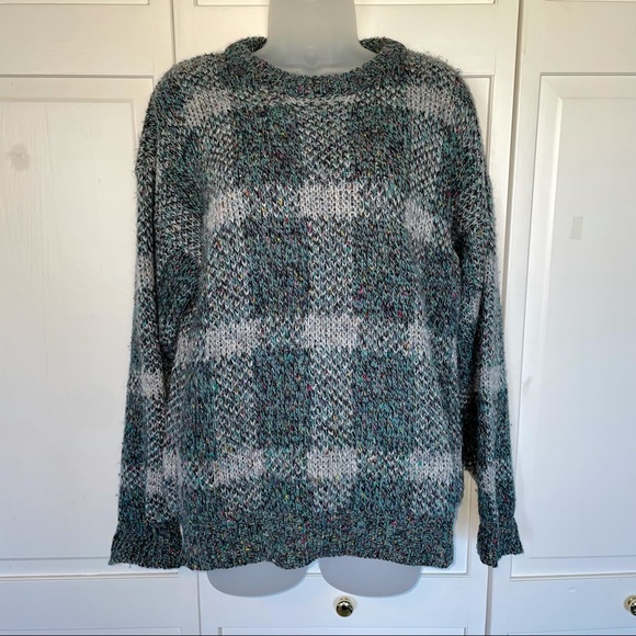 Vintage Wool Chunky Grandma Sweater Green Pattern Gingham Holiday Christmas - Picture 9 of 9